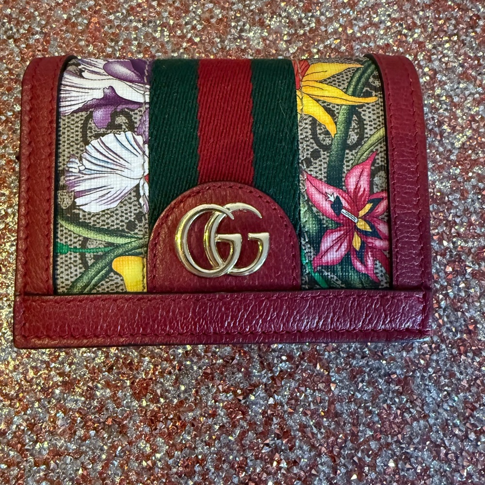Gucci Red and Green Wallet with Iconic Stripe and Floral Design